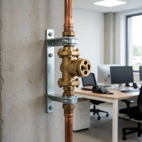 Vanne en bronze fixée sur une conduite en cuivre contre un mur en béton, adaptée aux services de réparation de tuyauterie dans les bureaux modernes.
