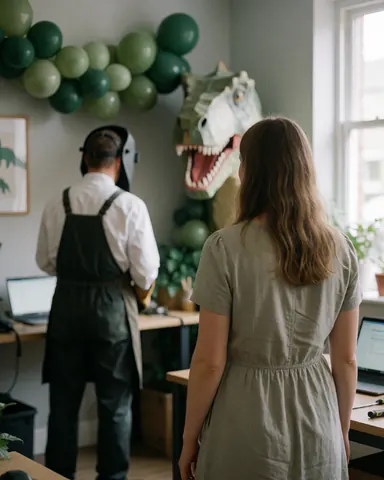 Une femme regarde une décoration de dinosaure avec des ballons verts, tandis qu'un homme travaille en arrière-plan dans un espace moderne.