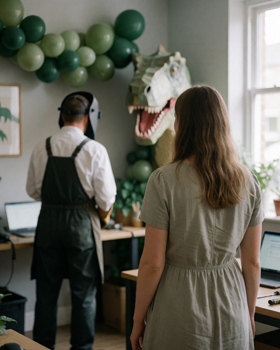 Une femme regarde une décoration de dinosaure avec des ballons verts, tandis qu'un homme travaille en arrière-plan dans un espace moderne.