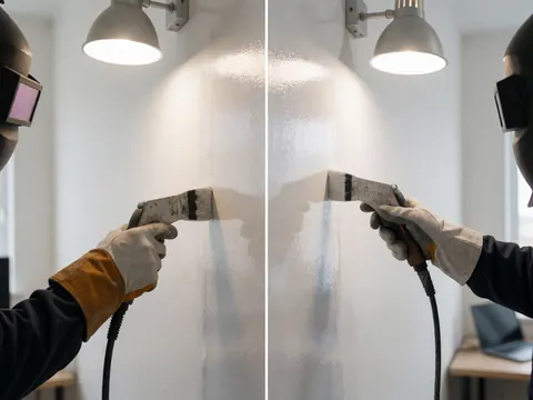 Détail d'un mur avec une finition brillante et un effet rouillé, poli à la pistolet, éclairage pratique, pour services de finitions.