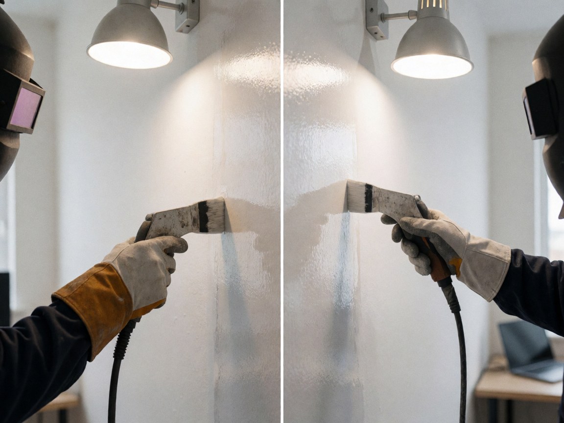 Détail d'un mur avec une finition brillante et un effet rouillé, poli à la pistolet, éclairage pratique, pour services de finitions.
