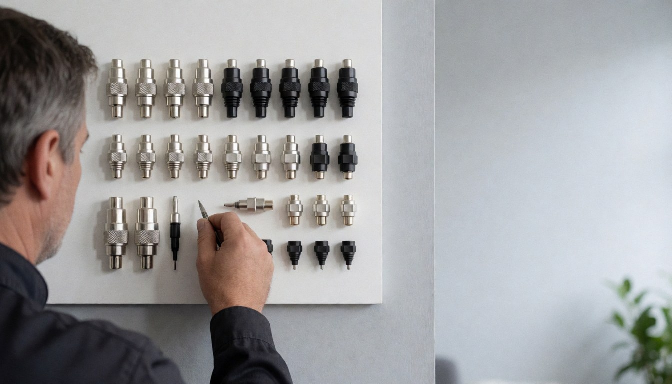 Un technicien en antennes examine des connecteurs F sur un mur blanc, laissant un espace vide à droite pour ajouter du texte ou du contenu promotionnel.