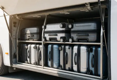 Compartiment ouvert d'un autocar avec des valises ordonnées sur des étagères métalliques sous lumière du jour, idéal pour les agences de voyages.