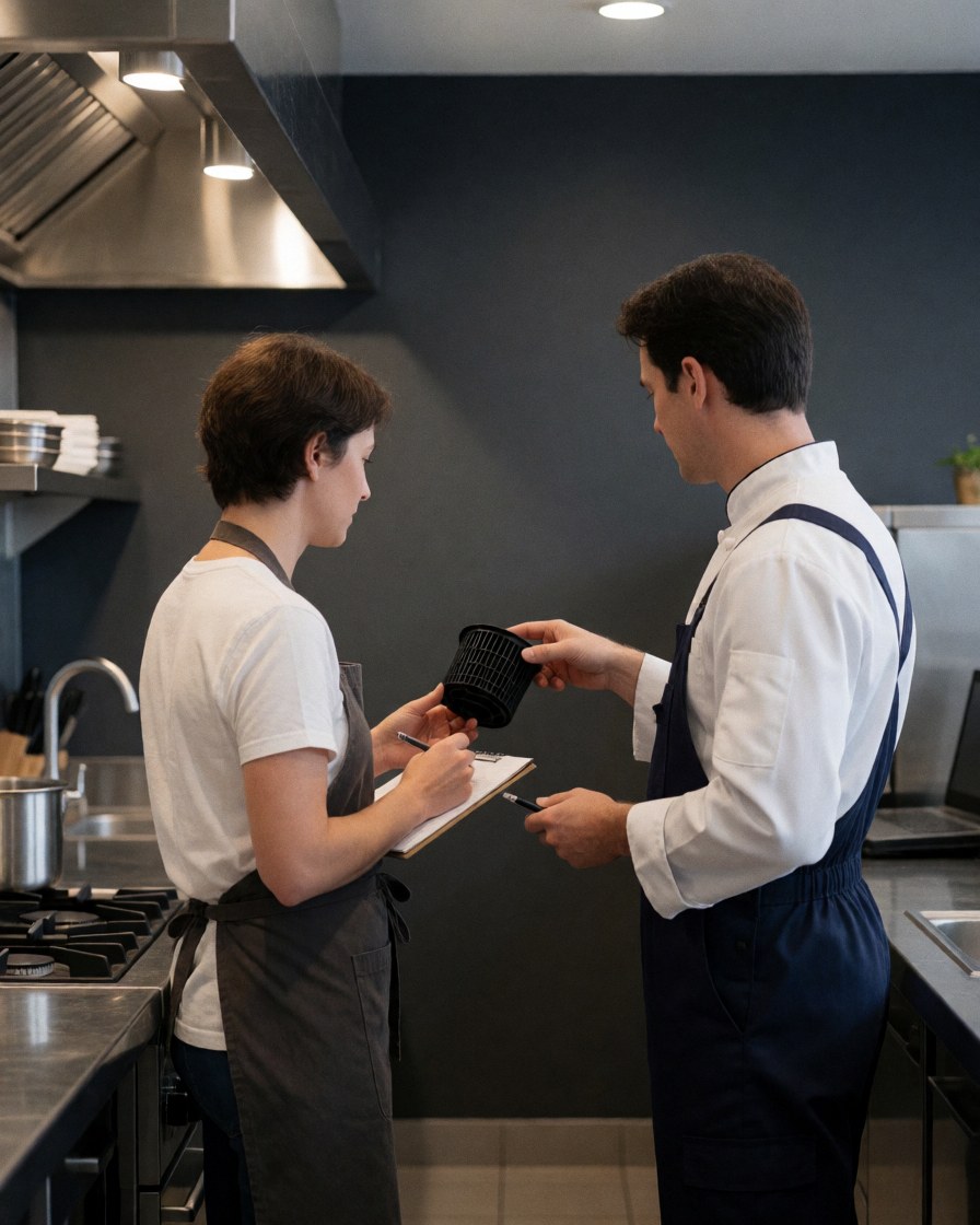 Un technicien présente un filtre de lave-vaisselle à un client dans une cuisine commerciale équipée d'un matériel moderne et de murs gris.