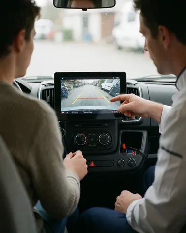 Un technicien explique à un client le fonctionnement de la caméra de recul à l'intérieur d'un camping-car en pointant l'écran.