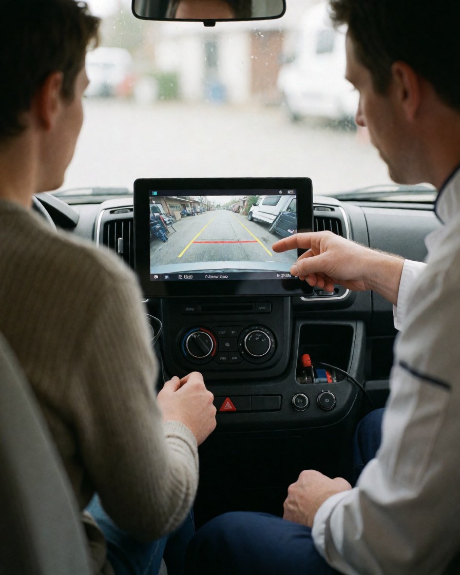 Un technicien explique à un client le fonctionnement de la caméra de recul à l'intérieur d'un camping-car en pointant l'écran.