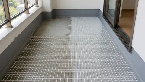 Détail d'un sol de balcon avec une maille blanche de renforcement et une couche grise imperméable, montrant la transition du béton original.