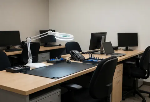 Bureau de travail dans un atelier de réparation équipé d'une loupe grossissante, d'outils, de moniteurs, dans un environnement professionnel et ordonné.