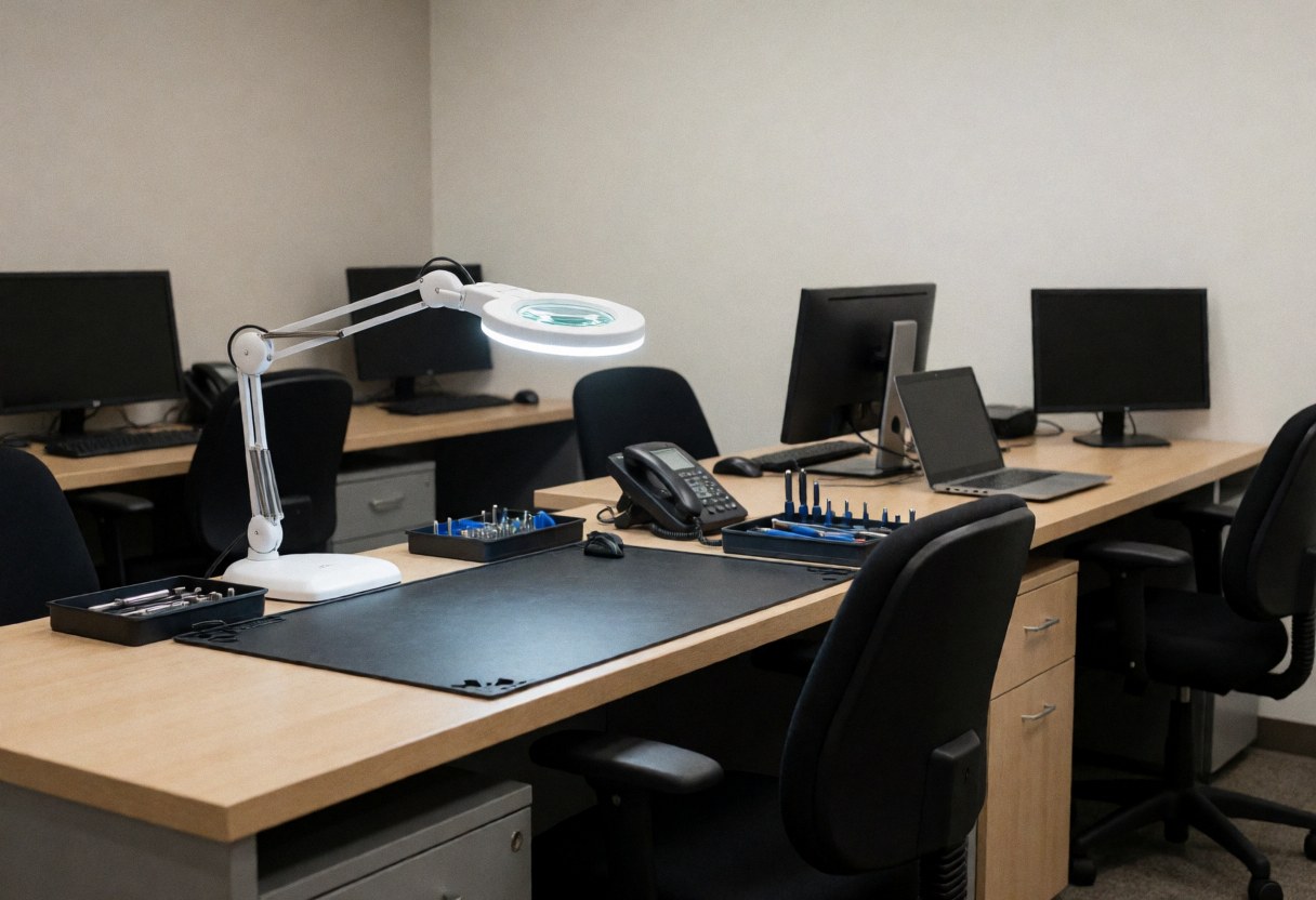Bureau de travail dans un atelier de réparation équipé d'une loupe grossissante, d'outils, de moniteurs, dans un environnement professionnel et ordonné.