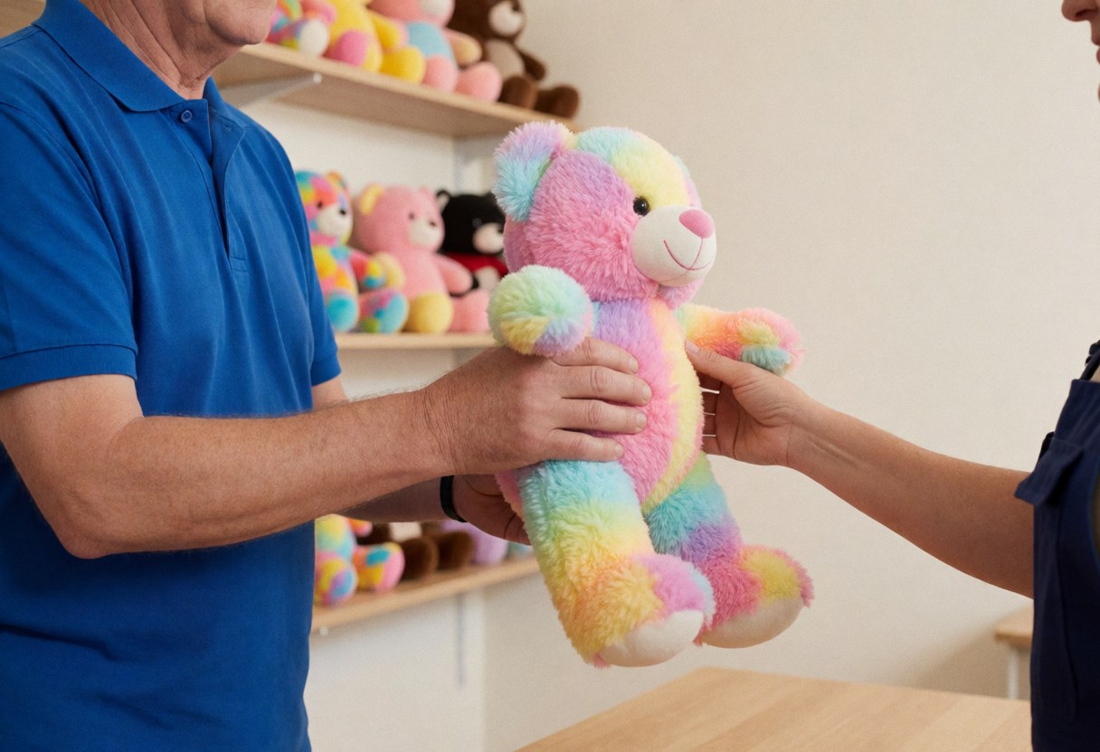 Un employé d'un centre de loisirs remet un ours en peluche arc-en-ciel à un client, avec des étagères de prix en arrière-plan.