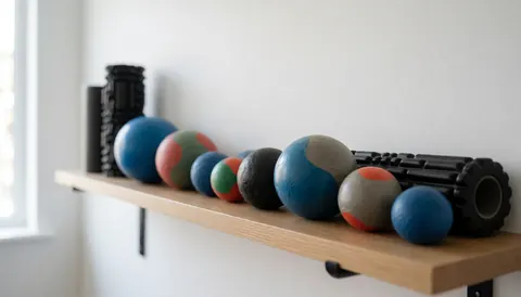 Étagère en bois clair éclairée par une lumière naturelle douce, présentant des balles de massage et des rouleaux en mousse, idéale pour un centre de thérapie.