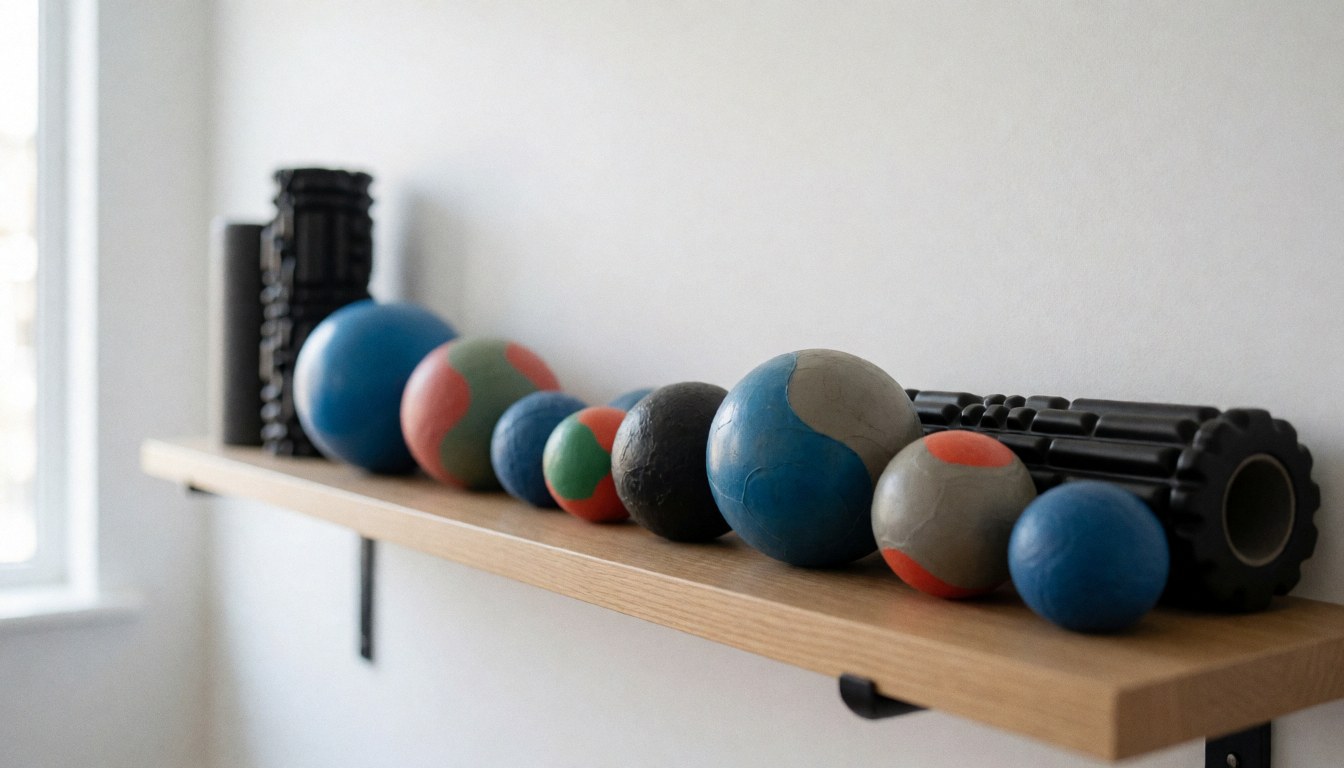Étagère en bois clair éclairée par une lumière naturelle douce, présentant des balles de massage et des rouleaux en mousse, idéale pour un centre de thérapie.