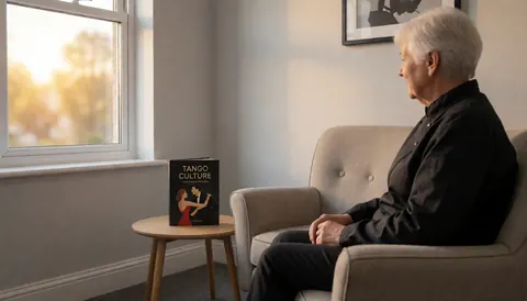 Profil d'une personne assise sur une chaise près d'un livre sur la culture du tango, dans un salon baigné de lumière chaude venant d'une fenêtre.