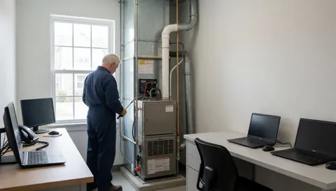 Un technicien en train de réviser une chaudière de chauffage dans un intérieur lumineux avec des fenêtres et des bureaux équipés d'ordinateurs.