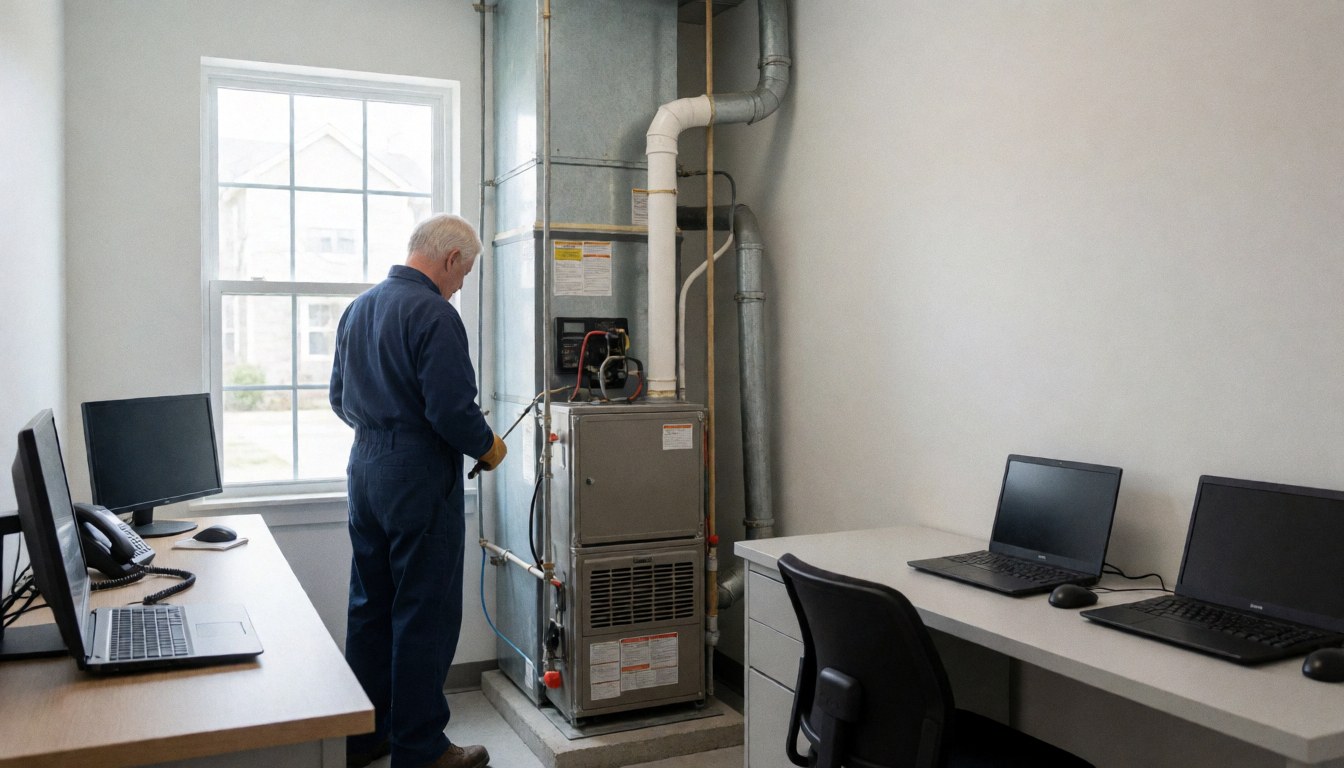Un technicien en train de réviser une chaudière de chauffage dans un intérieur lumineux avec des fenêtres et des bureaux équipés d'ordinateurs.