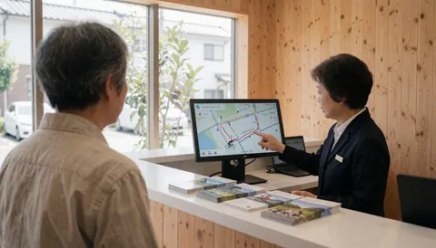 Moniteur de vélo à l'accueil avec un client, montrant un itinéraire sur un écran, des brochures et des murs en bois clair.