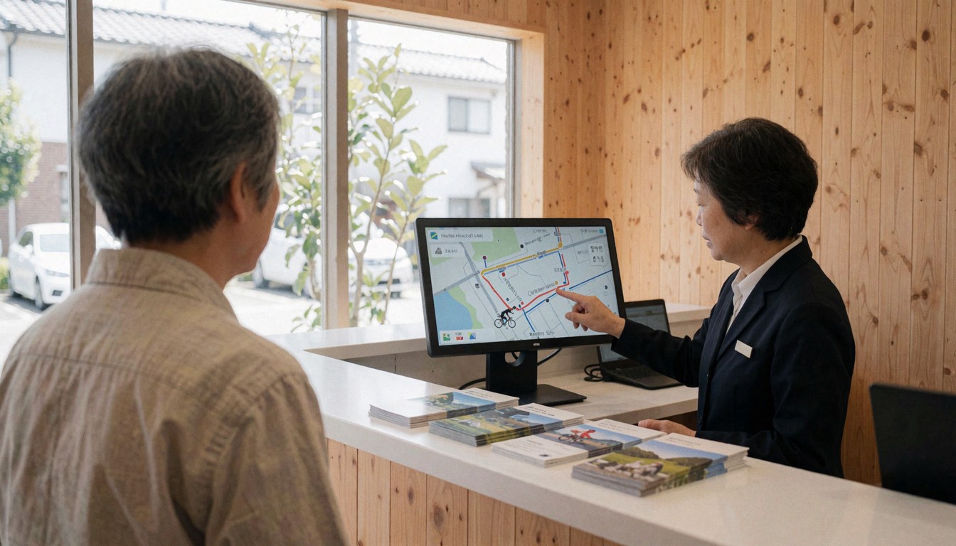 Moniteur de vélo à l'accueil avec un client, montrant un itinéraire sur un écran, des brochures et des murs en bois clair.