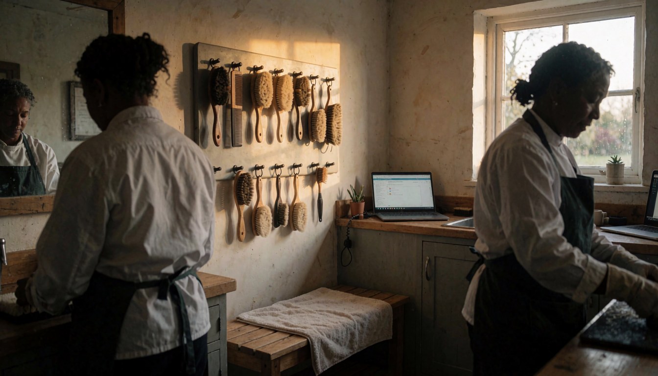 Personne portant un tablier travaille dans une écurie avec des brosses à cheval suspendues et une lumière naturelle entrant par la fenêtre.