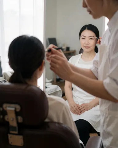Un technicien professionnel applique avec précision un produit de lamination sur le sourcil d'une cliente dans un salon de beauté bien éclairé.