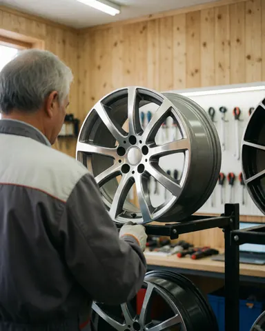 Un technicien examine une roue en alliage dans un atelier équipé d'outils suspendus au mur et d'un panneau en bois.