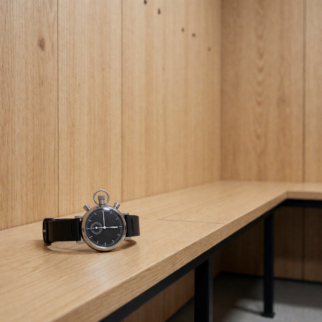 Chronomètre noir avec bracelet en cuir posé sur un banc en bois clair dans un vestier de gymnase moderne.