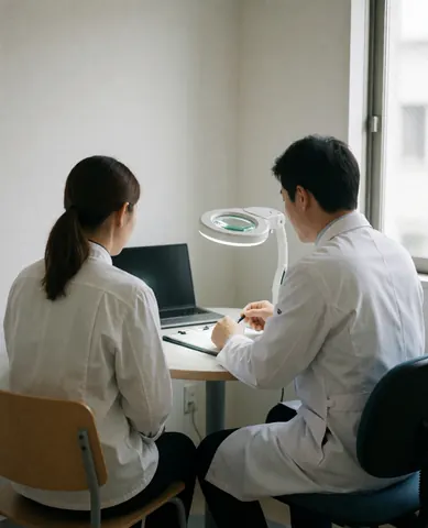 Dermatologue en blouse blanche examine la peau d'une cliente assise avec une loupe sur une table ronde dans un cabinet lumineux.