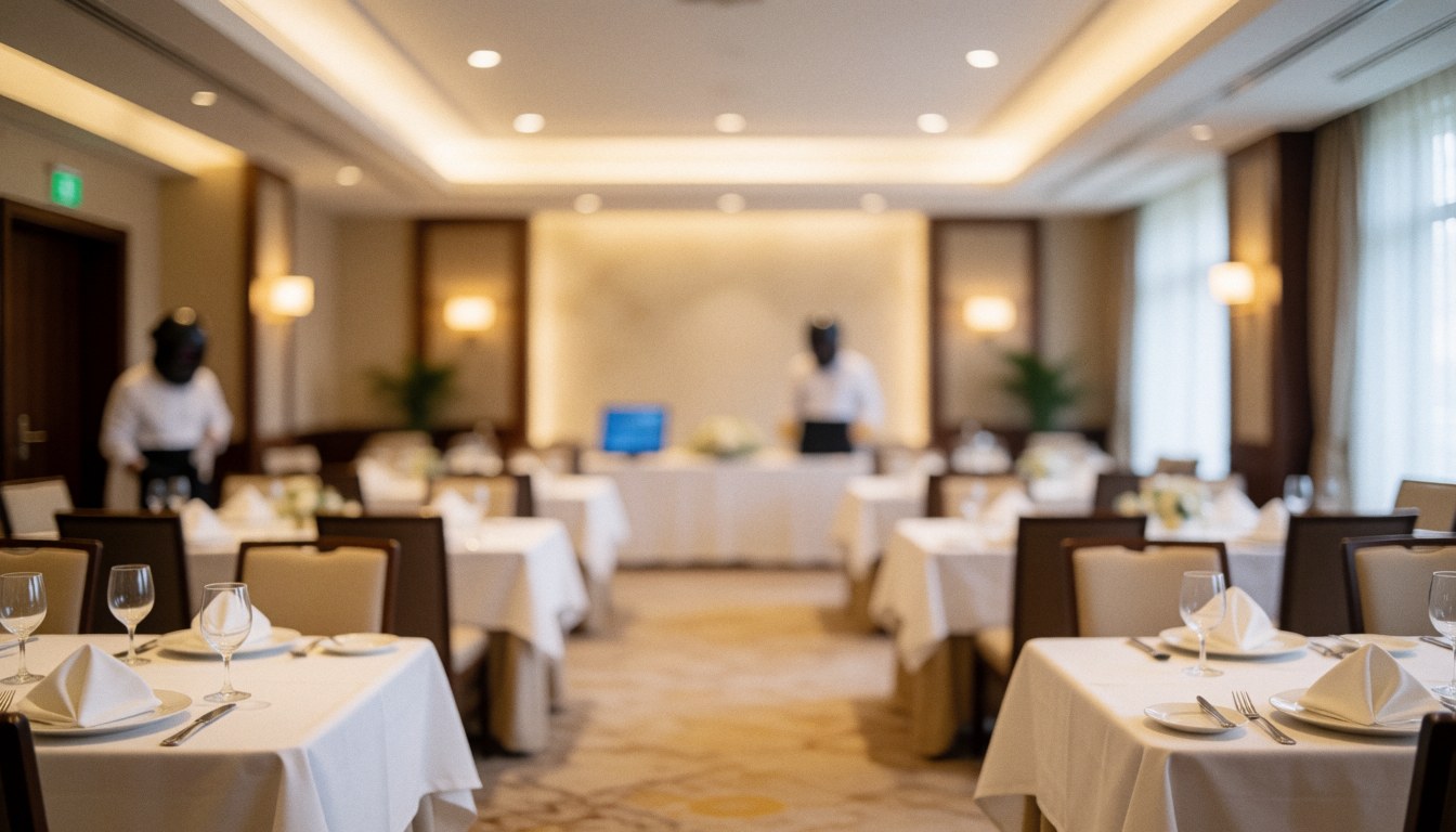 Salon de banquet élégant avec tables couvertes d'une nappe blanche, verres à vin et lumières chaudes, idéal pour événements corporatifs ou mariages