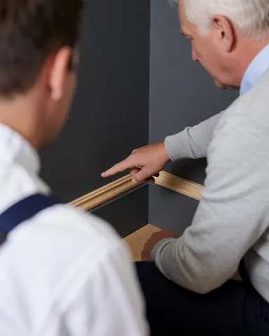 Un client heureux pointe du doigt une plinthe en bois fraîchement posée sur un mur gris, avec un ouvrier et ses outils visibles en premier plan.
