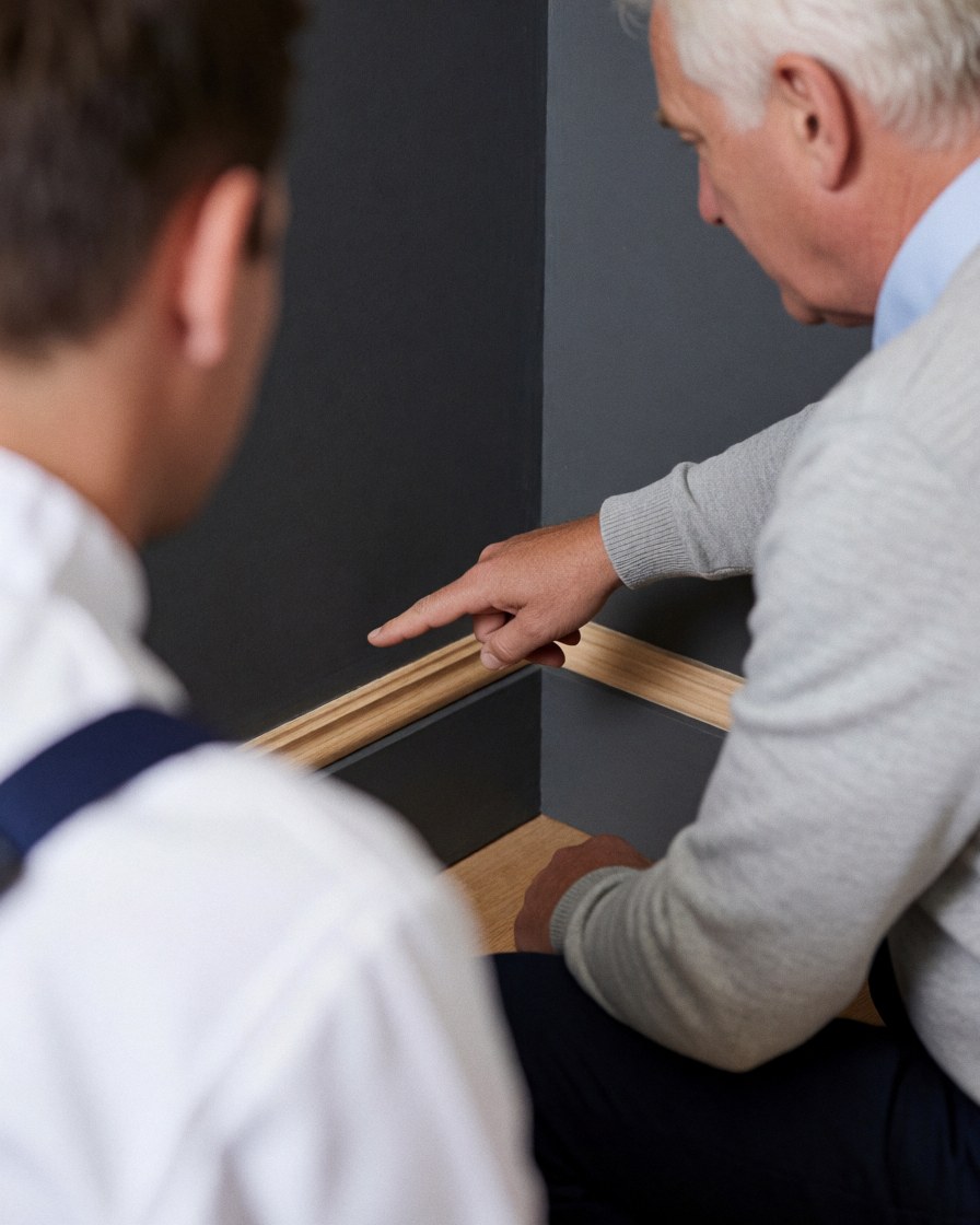 Un client heureux pointe du doigt une plinthe en bois fraîchement posée sur un mur gris, avec un ouvrier et ses outils visibles en premier plan.