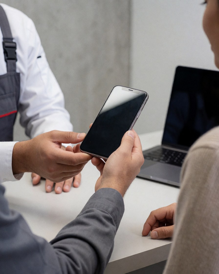 Un technicien en atelier de réparation remet un smartphone protégé à un client satisfait, montrant l'écran propre et brillant.