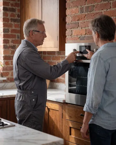 Un technicien en combinaison examine le panneau de contrôle d'un four en acier inoxydable dans une cuisine moderne avec mur en briques et lumière naturelle.