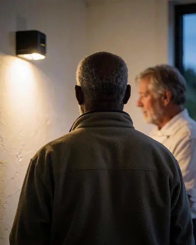 Une cliente de dos regarde un panneau solaire installé sur un mur blanc dans un camping au coucher du soleil.