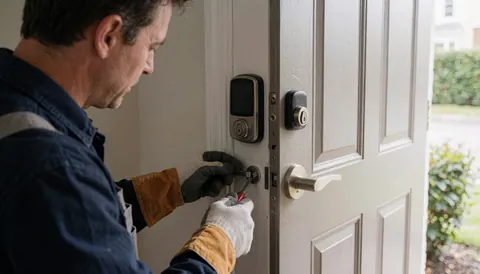 Un professionnel avec des gants pose une serrure électronique sur une porte blanche, dans un cadre lumineux et propre, illustrant un service d'installation.