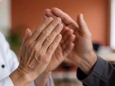 Gros plan sur des mains d'adultes qui applaudissent, sur un fond chaleureux et professionnel, idéal pour une académie de musique.