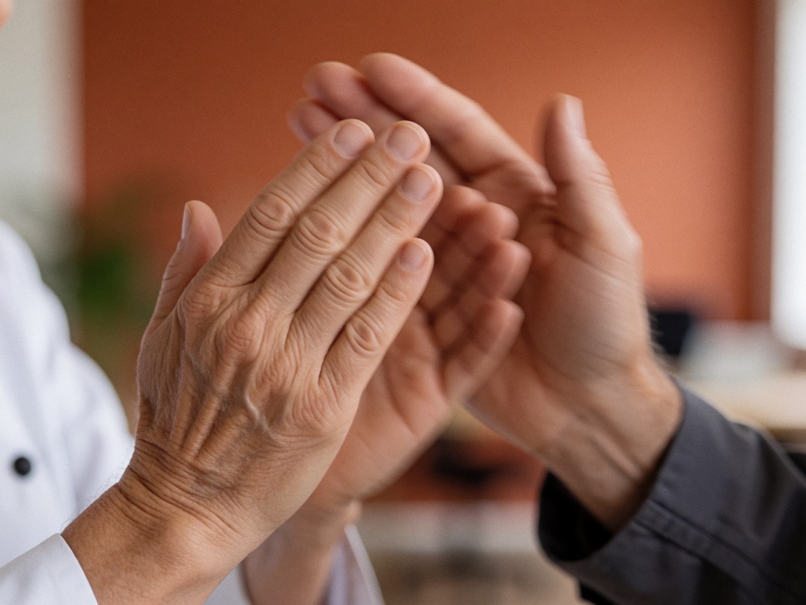 Gros plan sur des mains d'adultes qui applaudissent, sur un fond chaleureux et professionnel, idéal pour une académie de musique.