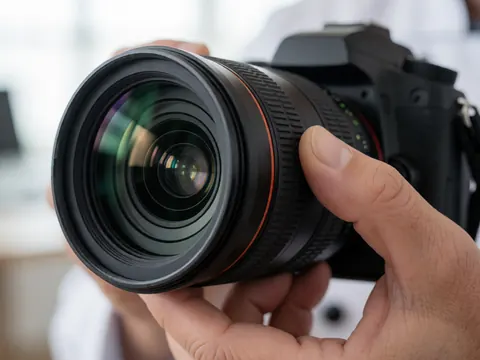 Gros plan d'une main réglant la bague de mise au point sur un objectif grand angle monté sur un boîtier professionnel, avec des reflets lumineux et un arrière-plan flou.