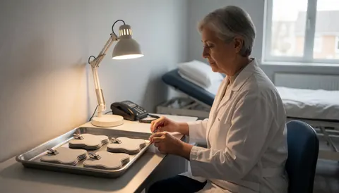 Un professionnel en blouse blanche dispose des électrodes sur une table éclairée, avec une table de massage et des murs gris en arrière-plan.