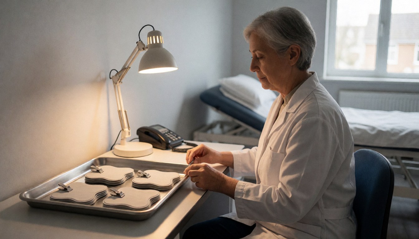 Un professionnel en blouse blanche dispose des électrodes sur une table éclairée, avec une table de massage et des murs gris en arrière-plan.