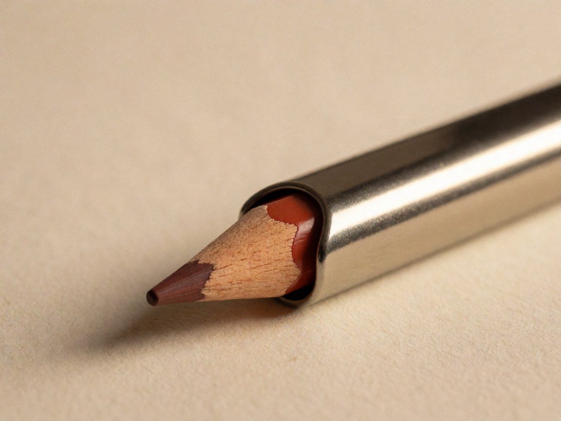 Crayon de couleur à pointe fine posé sur un papier texturé, éclairage chaleureux, gros plan détaillé pour papeterie.