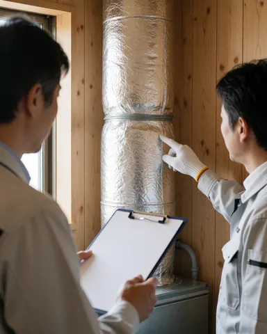 Un technicien en gant pointe un conduit isolé tandis qu'un client observe avec un porte-documents dans une pièce aux murs en bois et à la lumière naturelle.