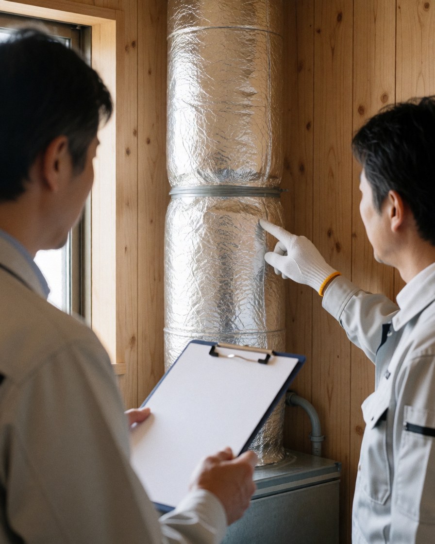 Un technicien en gant pointe un conduit isolé tandis qu'un client observe avec un porte-documents dans une pièce aux murs en bois et à la lumière naturelle.