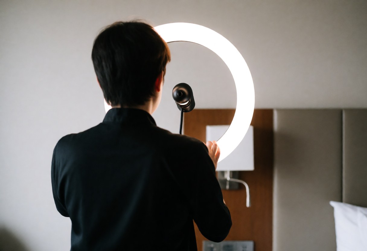 Un maquilleur professionnel règle un anneau lumineux dans une chambre d'hôtel avec tête de lit et murs neutres, préparant son équipement pour un événement.
