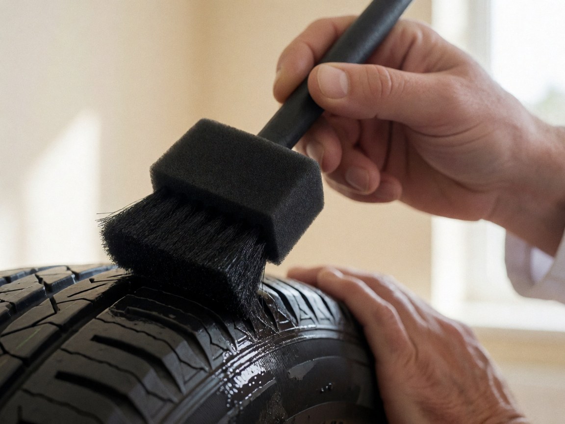 Une main utilise un pinceau en mousse pour appliquer un produit noir brillant sur la bande de roulement d'un pneu, sur un fond beige, détail de nettoyage automobile.