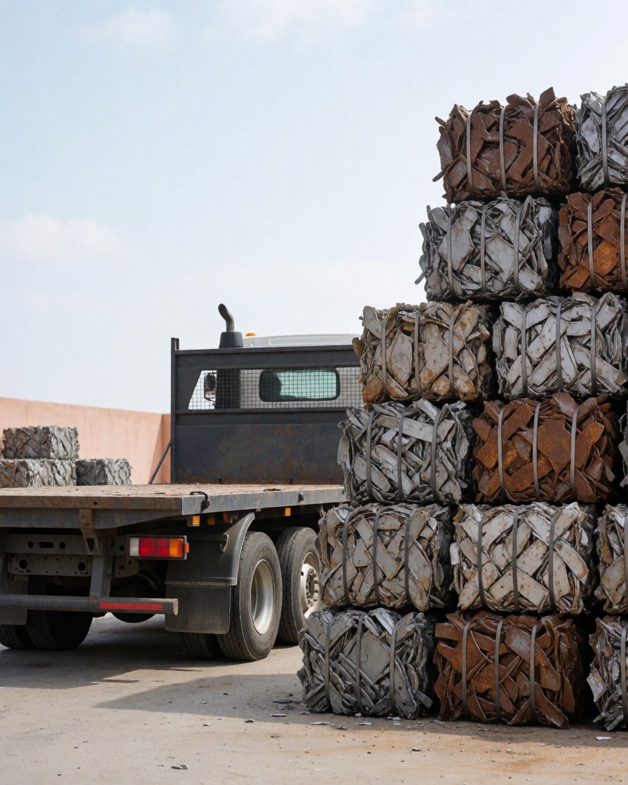 Un camion plat vide stationné près d'une pile de balles de métal compacté et attaché avec du ruban métallique dans un centre de recyclage.