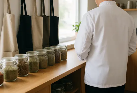 Chef vu de dos devant des fracs d'épices sur un comptoir en bois dans une école de cuisine baignée de lumière naturelle.