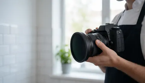 Photographe professionnel tenant une caméra et un filtre ND dans un studio aux murs de carreaux blancs et à la lumière naturelle.