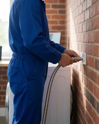 Un technicien en uniforme bleu fixe un tuyau en acier inoxydable à une machine à laver blanche posée contre un mur de briques rouges éclairé par la lumière naturelle.