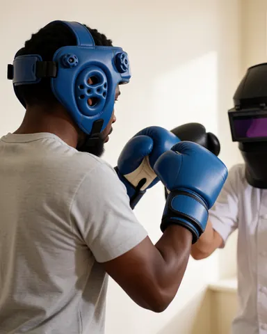 Un client portant un casque et des gants bleus effectue un uppercut droit pendant qu'un ballon de frappe noir bloque le coup dans un gymnase aux murs blancs.
