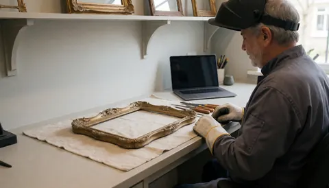 Un homme travaille sur un cadre ancien posé sur une table dans un atelier de restauration de meubles, entouré d'outils et de murs gris.