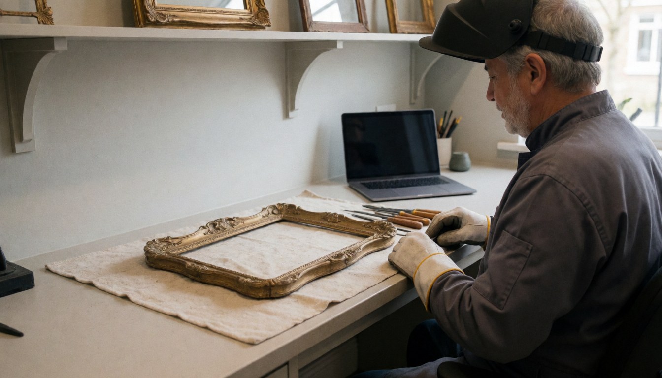 Un homme travaille sur un cadre ancien posé sur une table dans un atelier de restauration de meubles, entouré d'outils et de murs gris.
